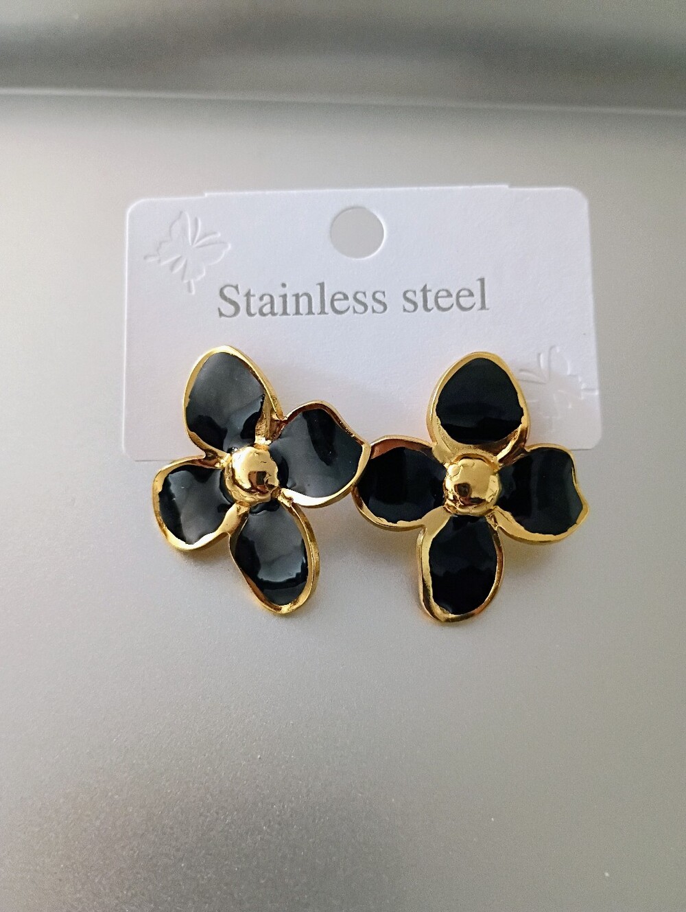 New Gold & Black Floral Stainless Steel Stud Earrings